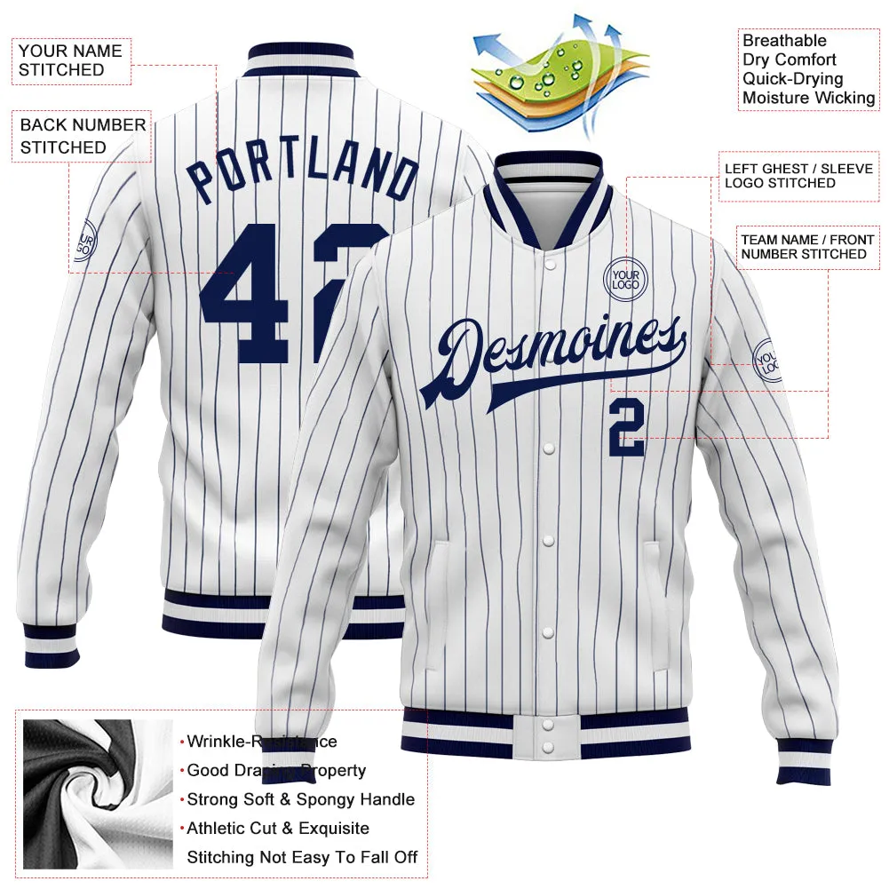 Custom White Navy Pinstripe Navy-White Bomber Full-Snap Varsity Letterman Jacket