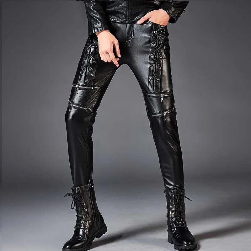 Dashing Leather Rope Zipper Biker Style Men Slim Fit PU Leather Pants