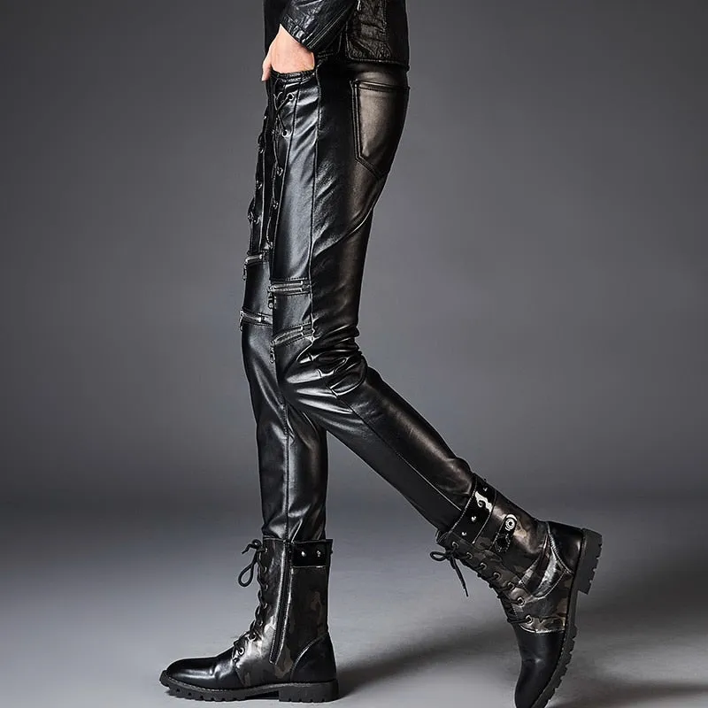 Dashing Leather Rope Zipper Biker Style Men Slim Fit PU Leather Pants