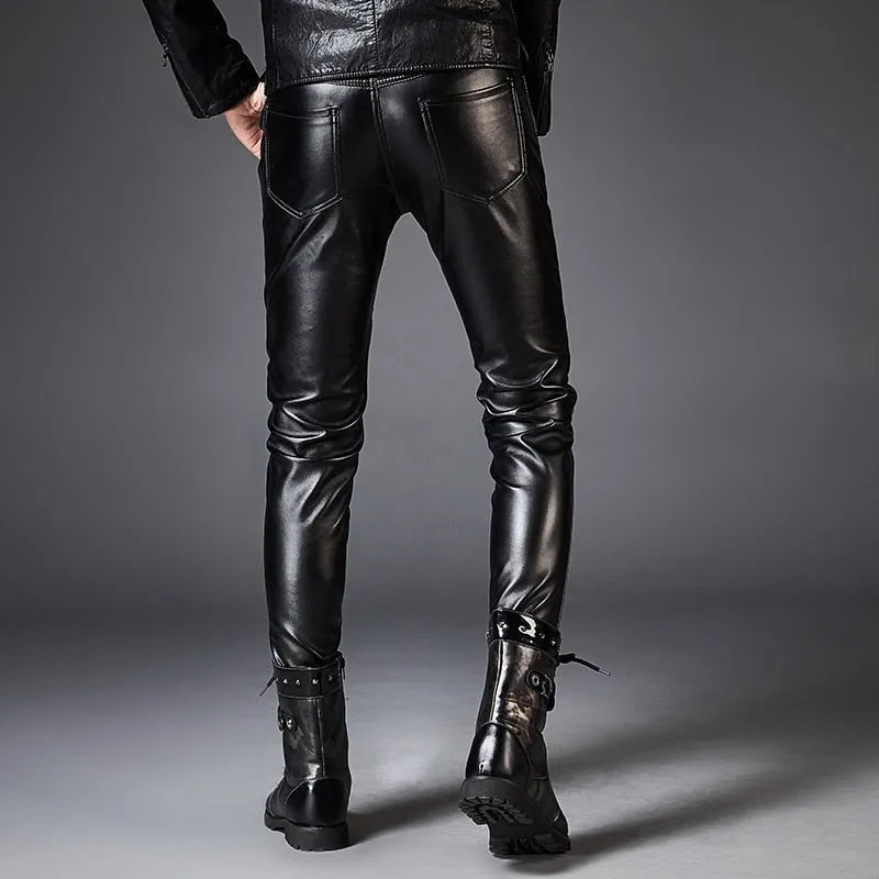 Dashing Leather Rope Zipper Biker Style Men Slim Fit PU Leather Pants