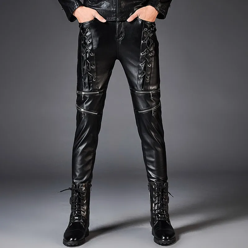 Dashing Leather Rope Zipper Biker Style Men Slim Fit PU Leather Pants