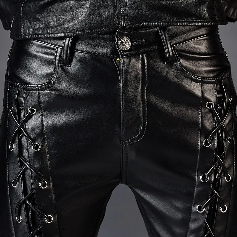 Dashing Leather Rope Zipper Biker Style Men Slim Fit PU Leather Pants