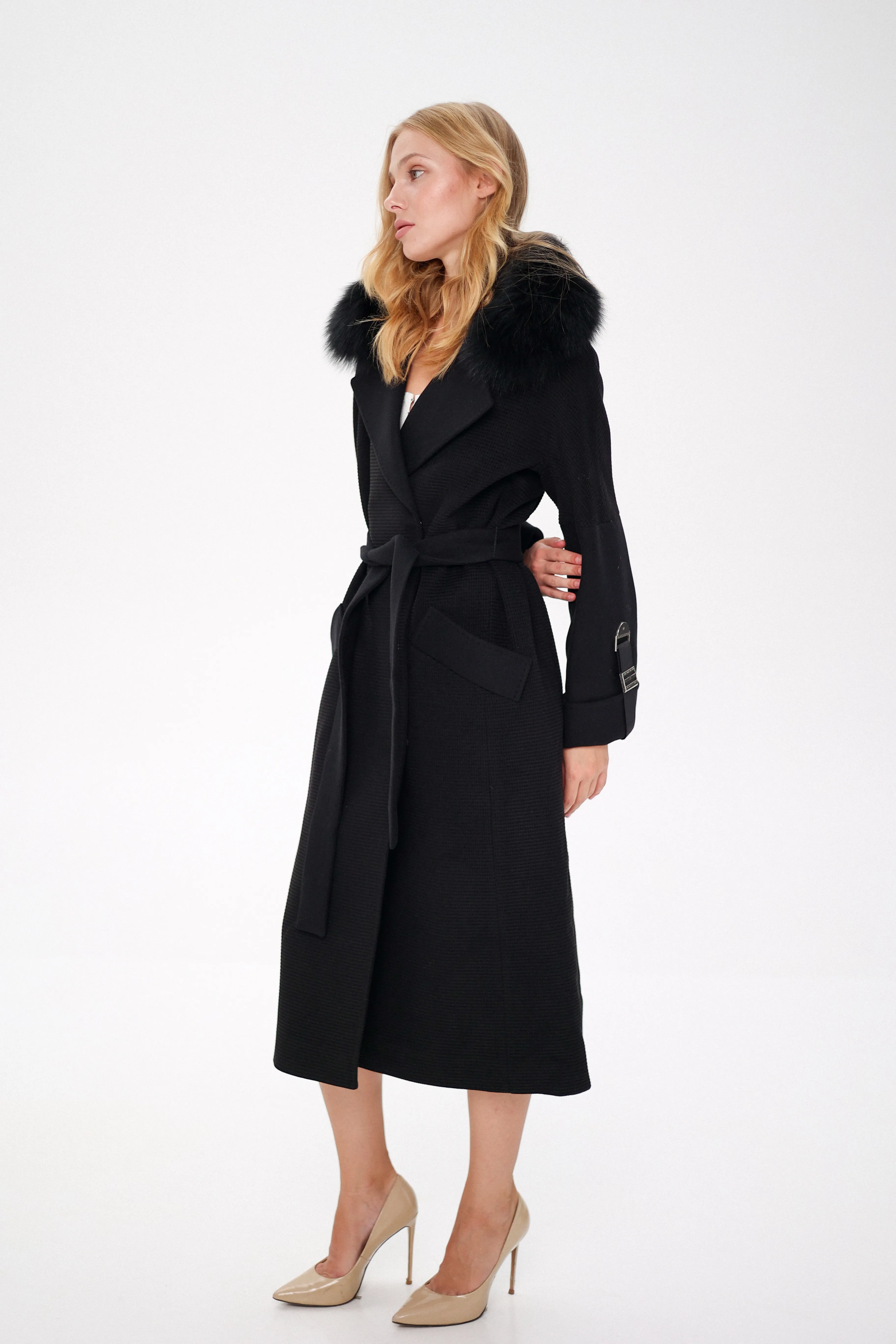 Derby Genuine Polar Fox Textured Cashmere Wool Coat