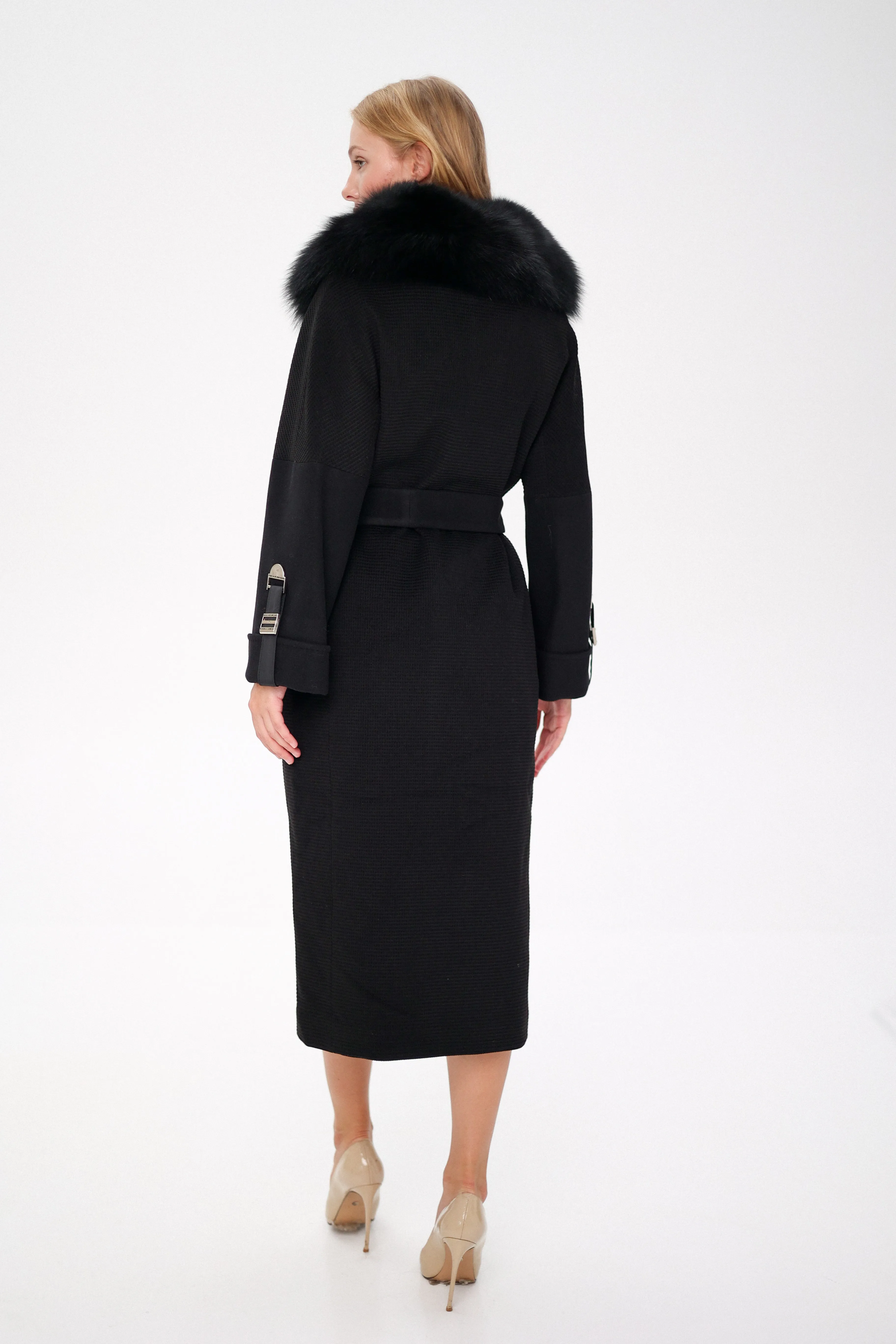 Derby Genuine Polar Fox Textured Cashmere Wool Coat