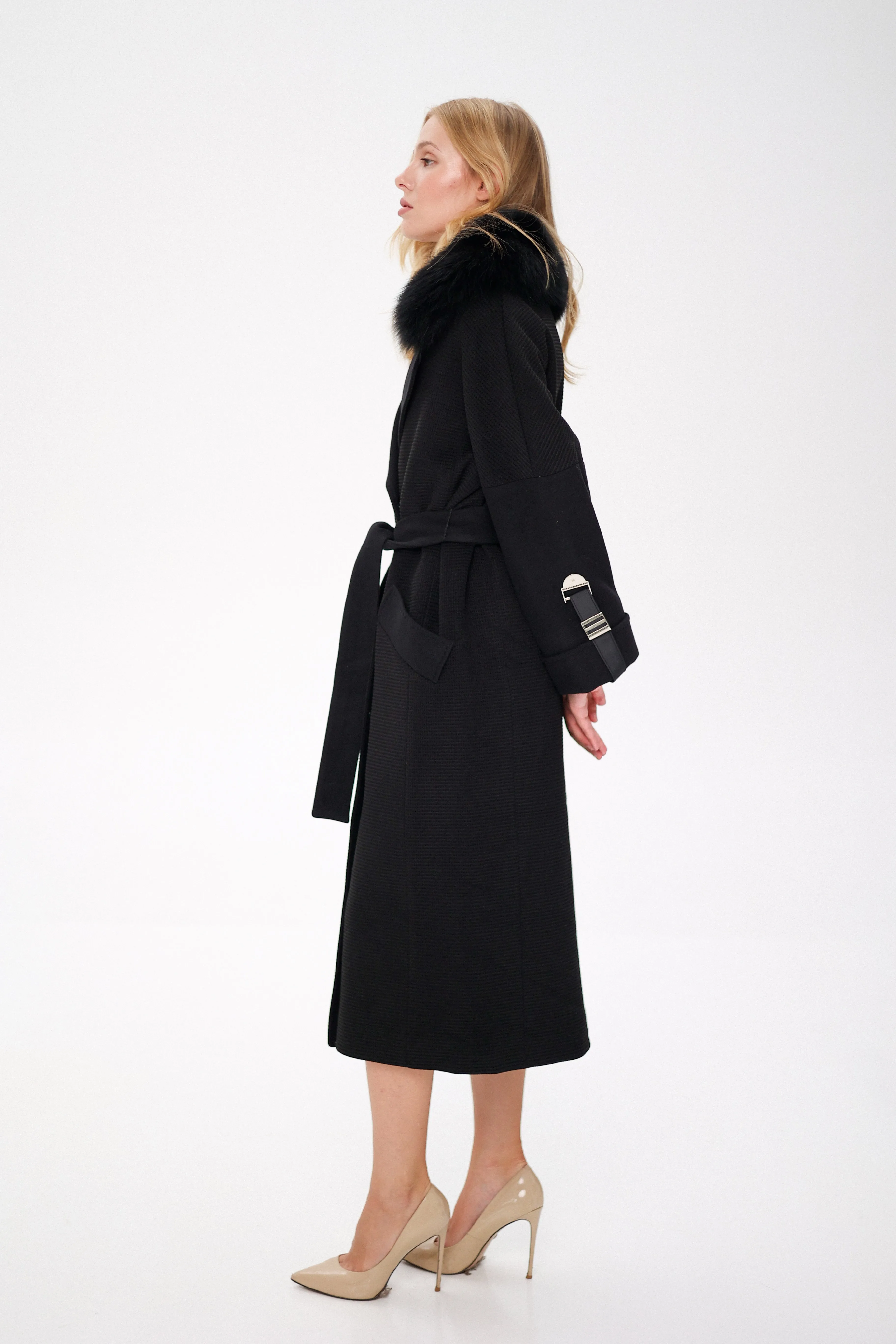 Derby Genuine Polar Fox Textured Cashmere Wool Coat