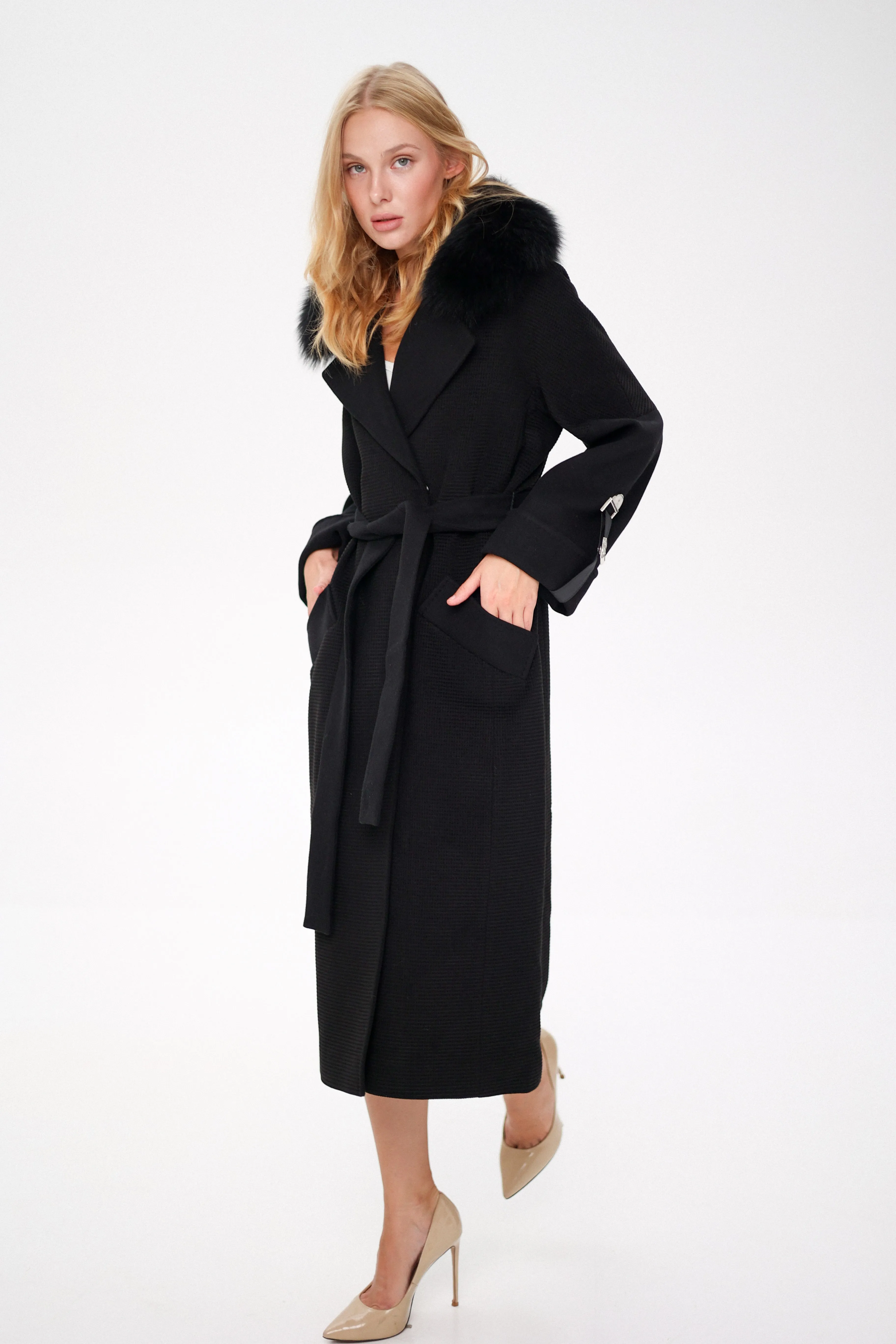 Derby Genuine Polar Fox Textured Cashmere Wool Coat