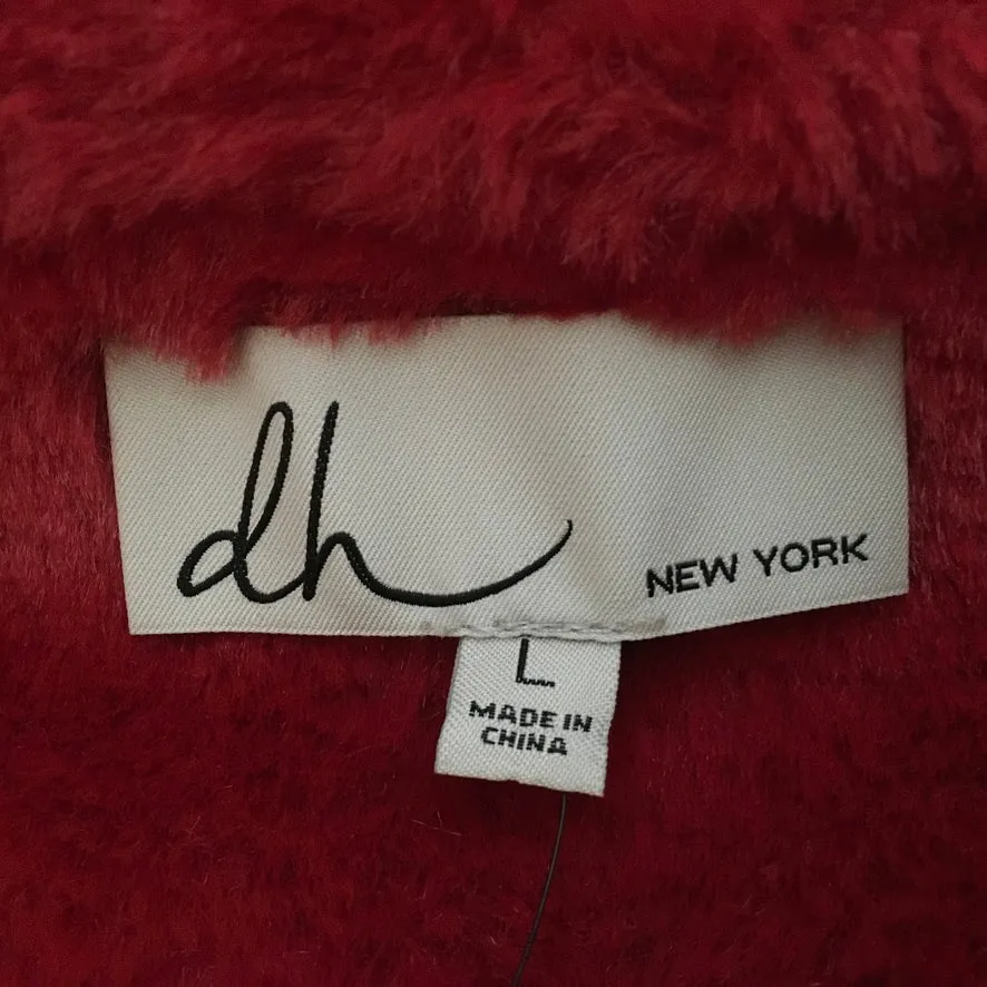 DH New York Black and Red Color Faux Leather Fur Shearling Zip Up Bomber Jacket