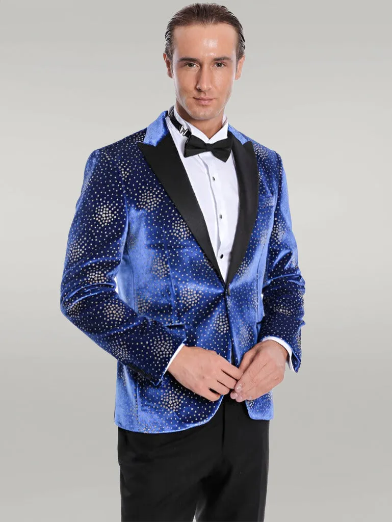 Dot Patterned Peak Lapel Blue Men Singer Performance Blazer - Wessi