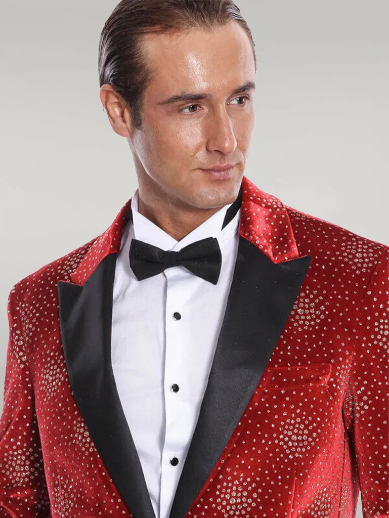 Dot Patterned Peak Lapel Burgundy Men Singer Tuxedo Blazer - Wessi