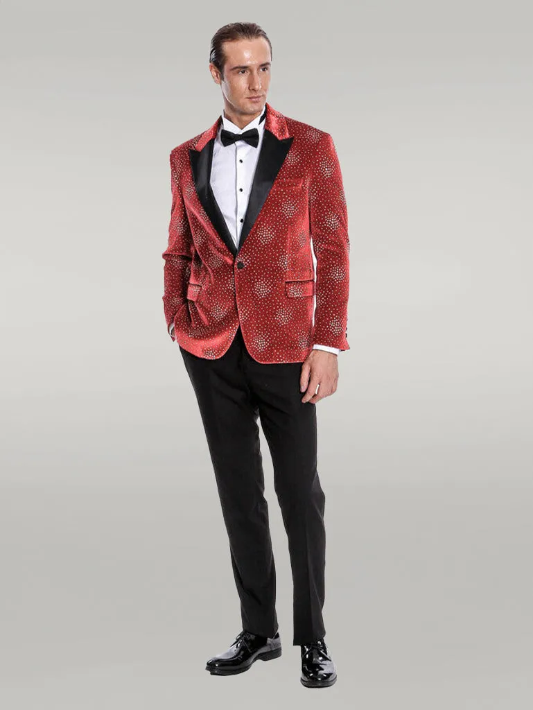 Dot Patterned Peak Lapel Burgundy Men Singer Tuxedo Blazer - Wessi