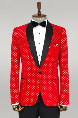 Dot Patterned Slim Fit Red Men Singer Tuxedo Blazer - Wessi