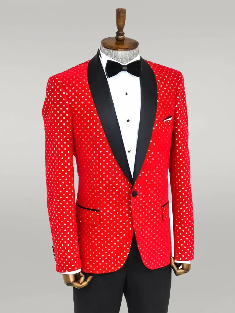 Dot Patterned Slim Fit Red Men Singer Tuxedo Blazer - Wessi