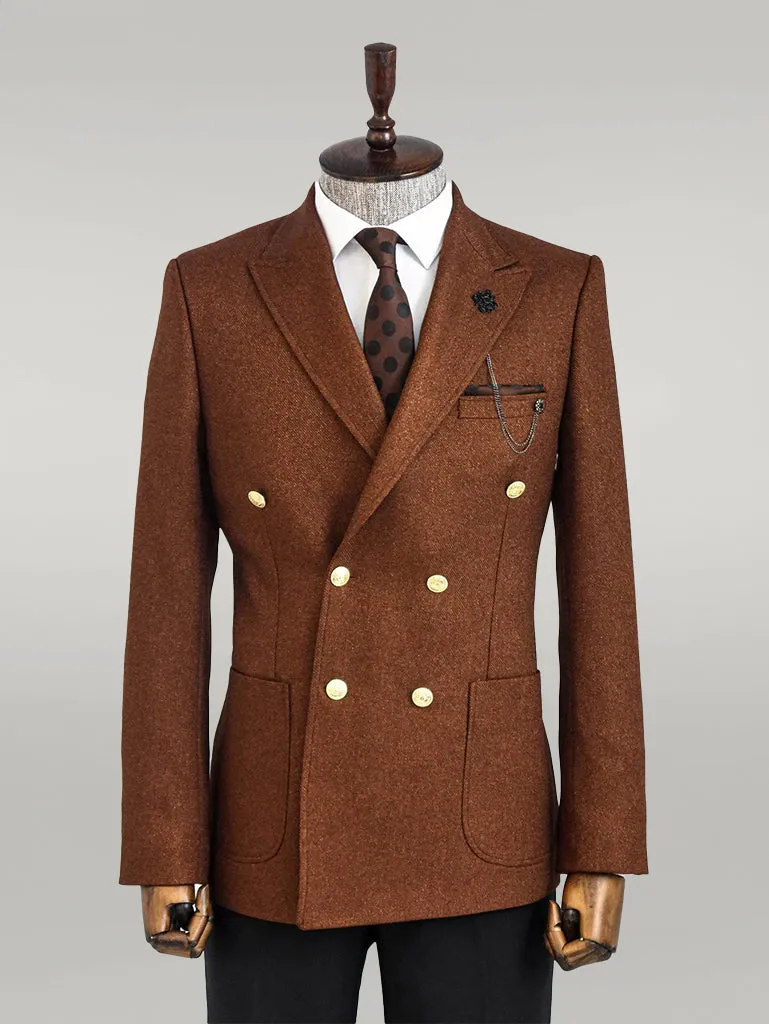 Double Breasted Slim Fit Brown Men Blazer - Wessi