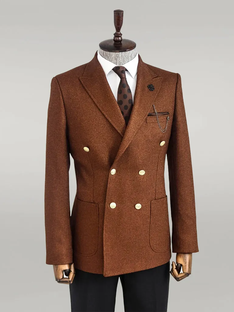 Double Breasted Slim Fit Brown Men Blazer - Wessi