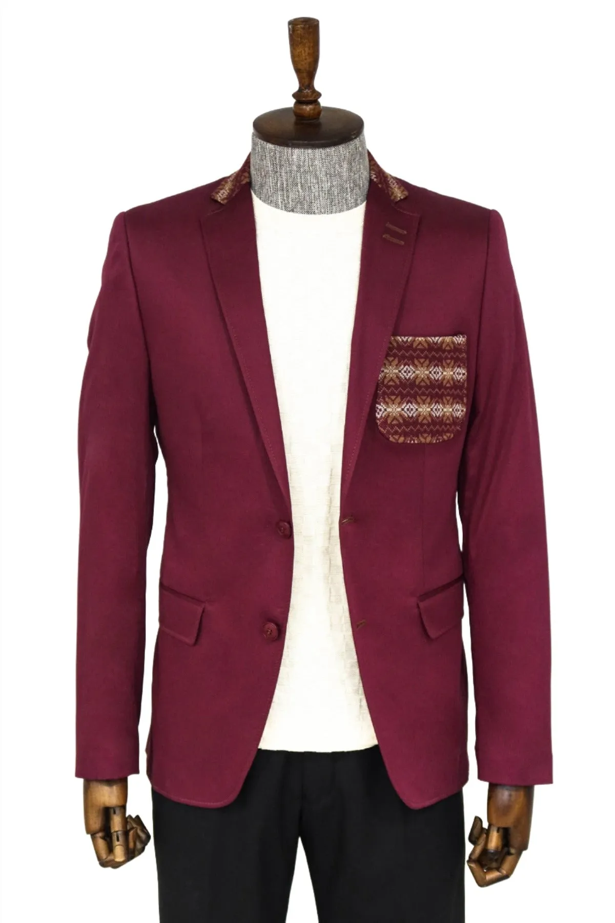 Double Buttons Knit Collar Mono Lapel Burgundy Jacket-Wessi