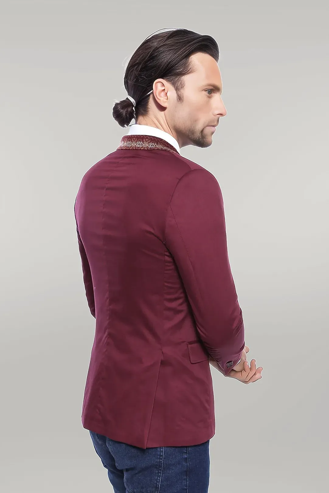 Double Buttons Knit Collar Mono Lapel Burgundy Jacket-Wessi