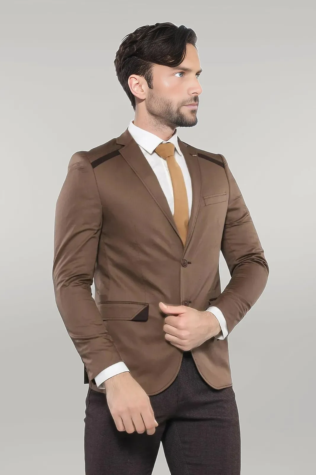 Double Buttons Mono Lapel Shoulder Piece Tan Jacket-Wessi