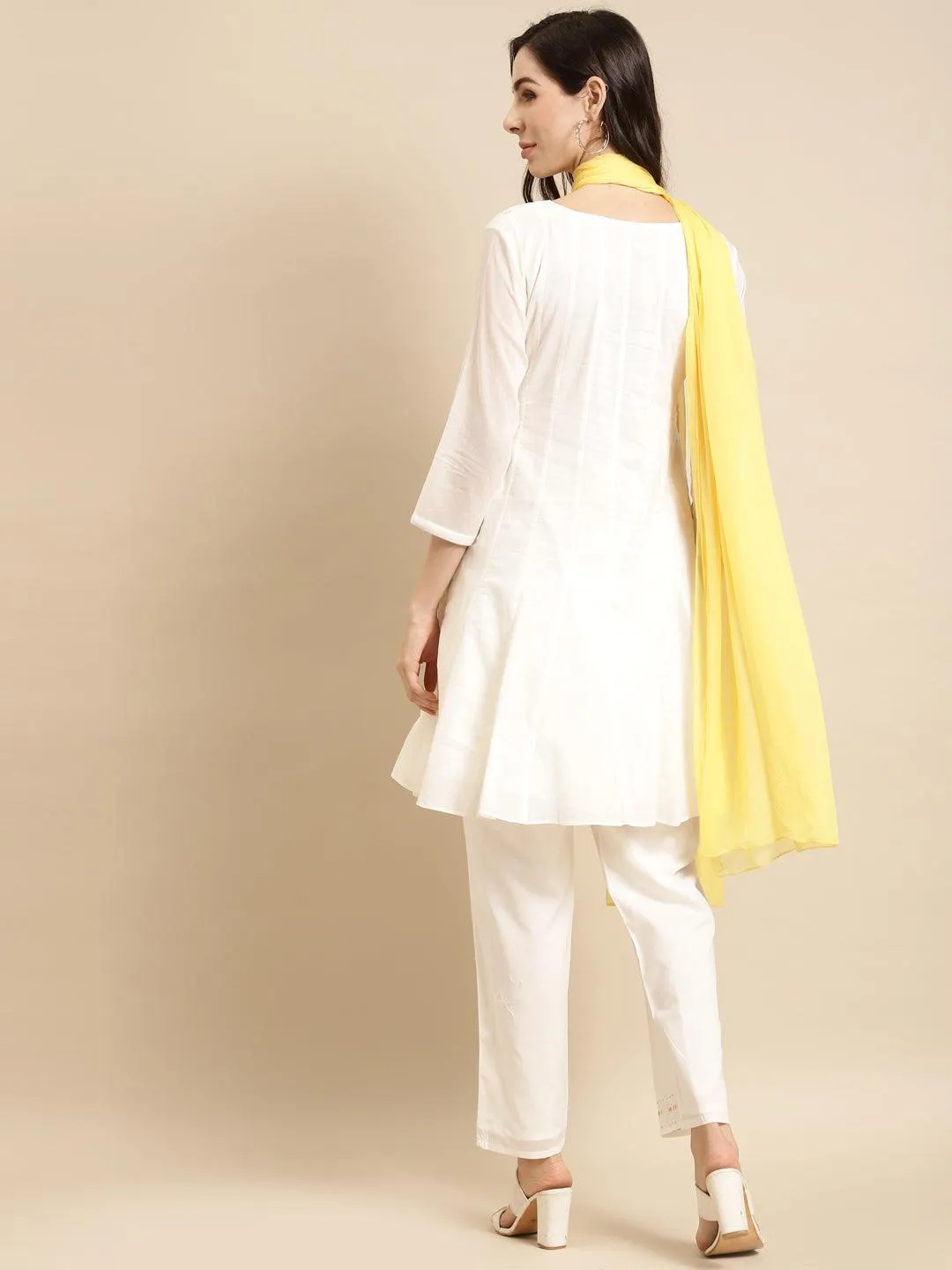 Embroidered Short Anarkali Kurta with Pants and Dupatta - White