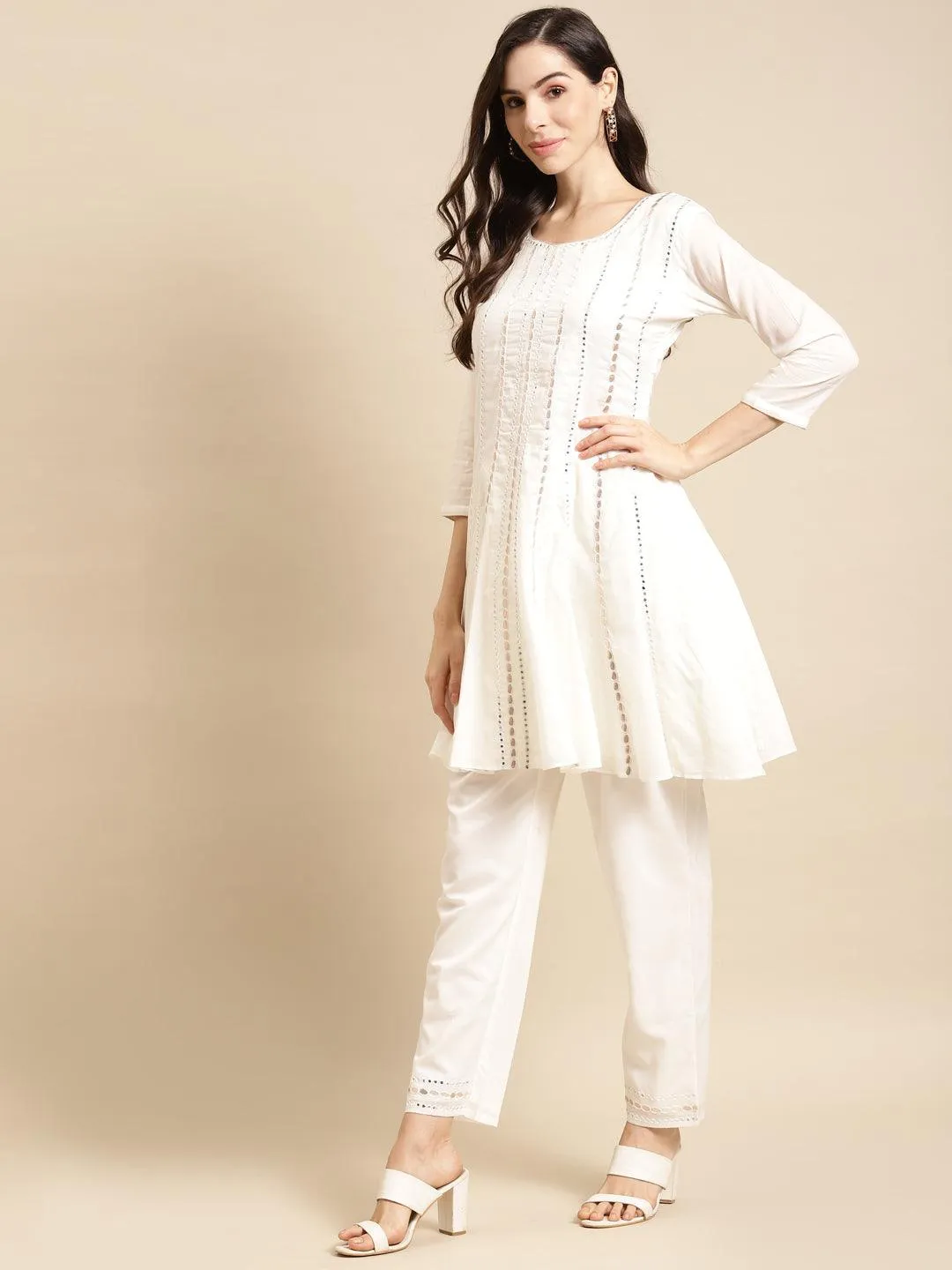 Embroidered Short Anarkali Kurta with Pants and Dupatta - White