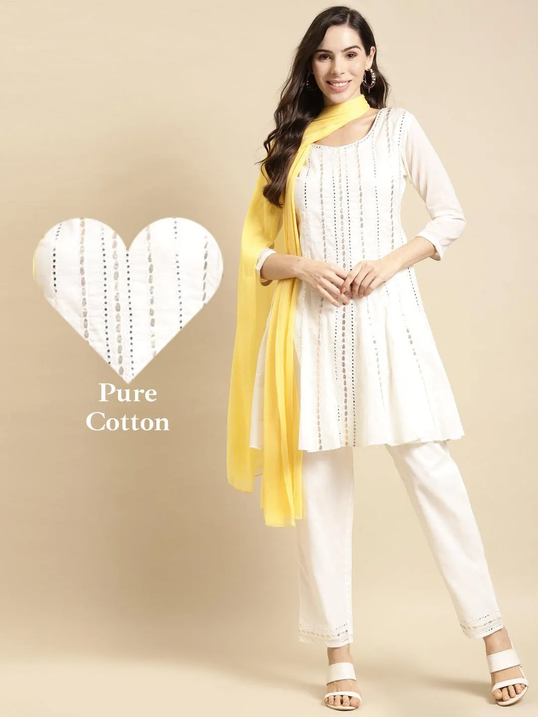 Embroidered Short Anarkali Kurta with Pants and Dupatta - White