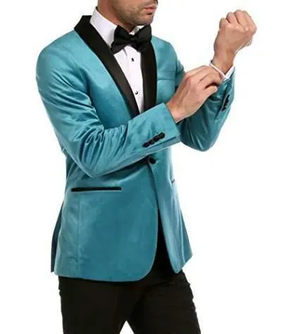 Enzo Turquoises Velvet Slim Fit Shawl Lapel Tuxedo Men's Blazer