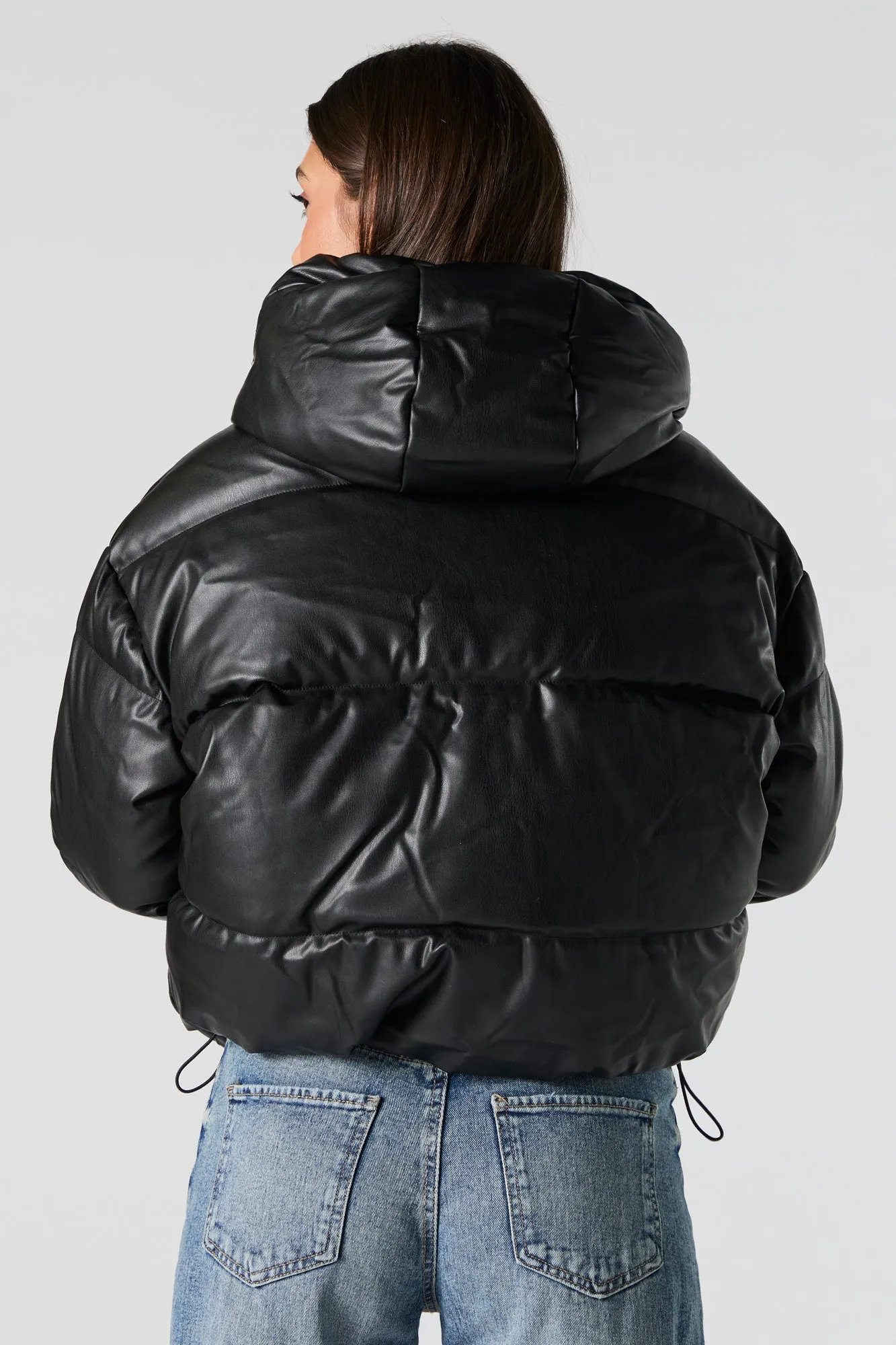 Faux Leather Hooded Puffer Jacket