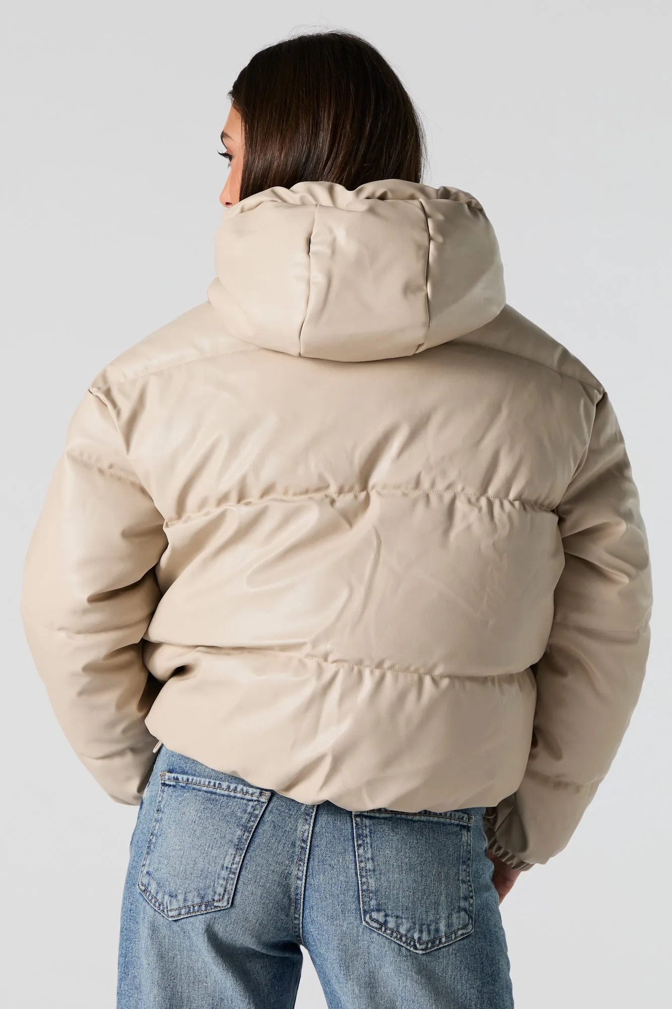 Faux Leather Hooded Puffer Jacket