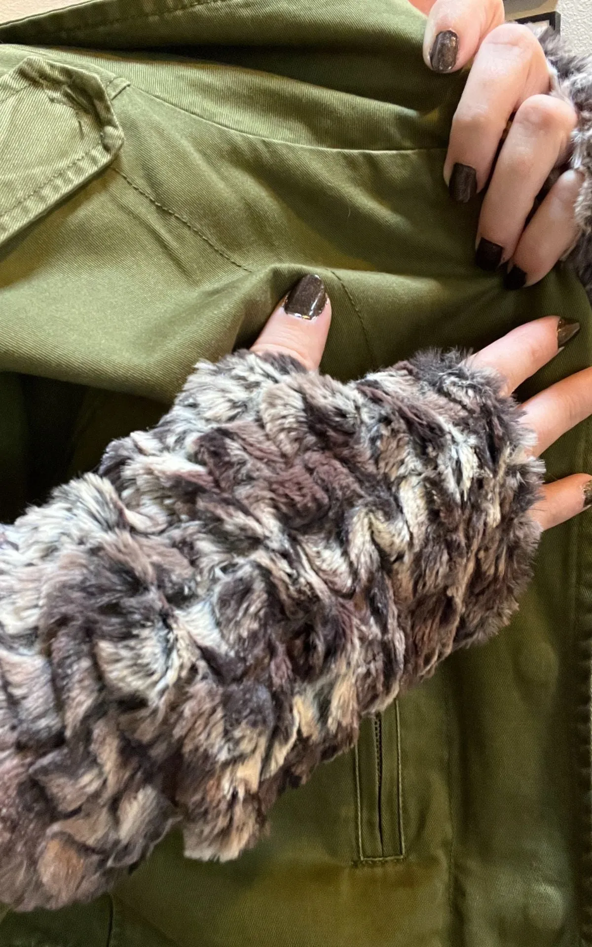 Fingerless / Texting Gloves, Reversible - Luxury Faux Fur in Calico