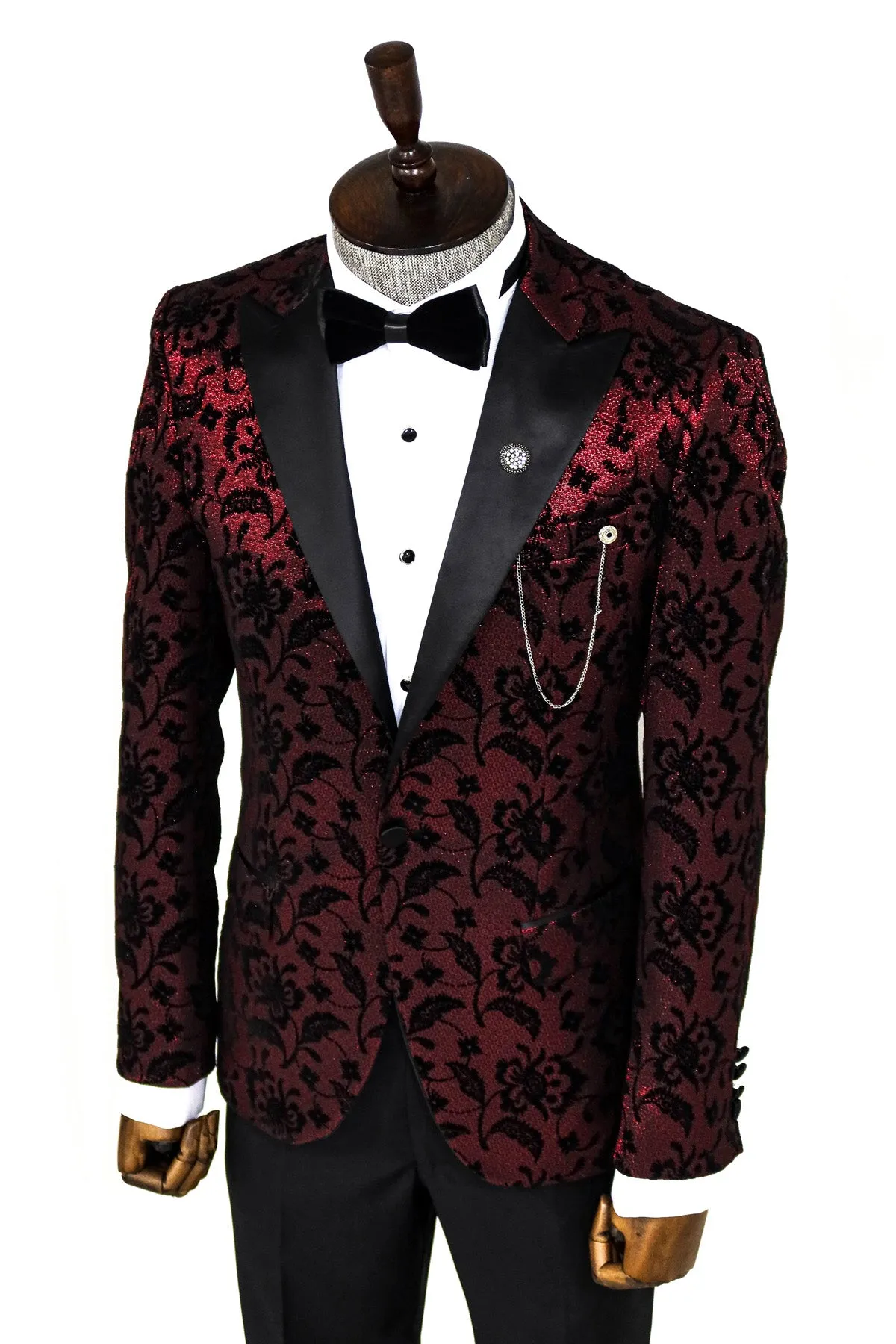 Floral Patterned Peak Lapel Burgundy Men Party Blazer - Wessi