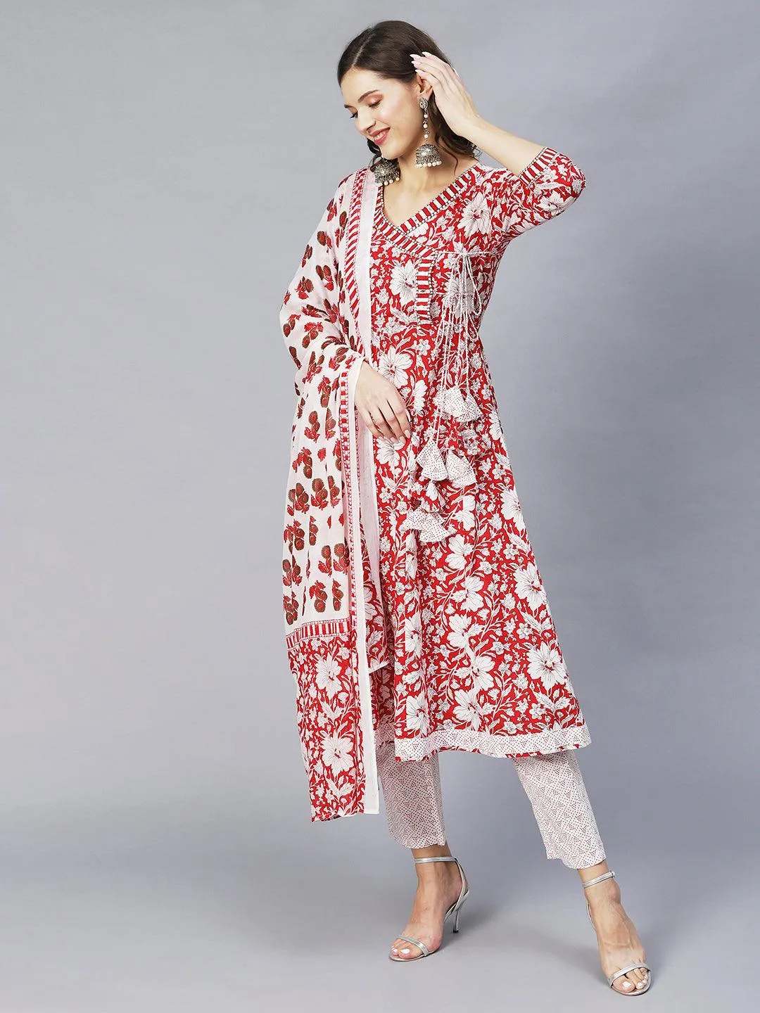 Floral Printed & Embroidered Anarkali Kurta with Pants & Dupatta - Red