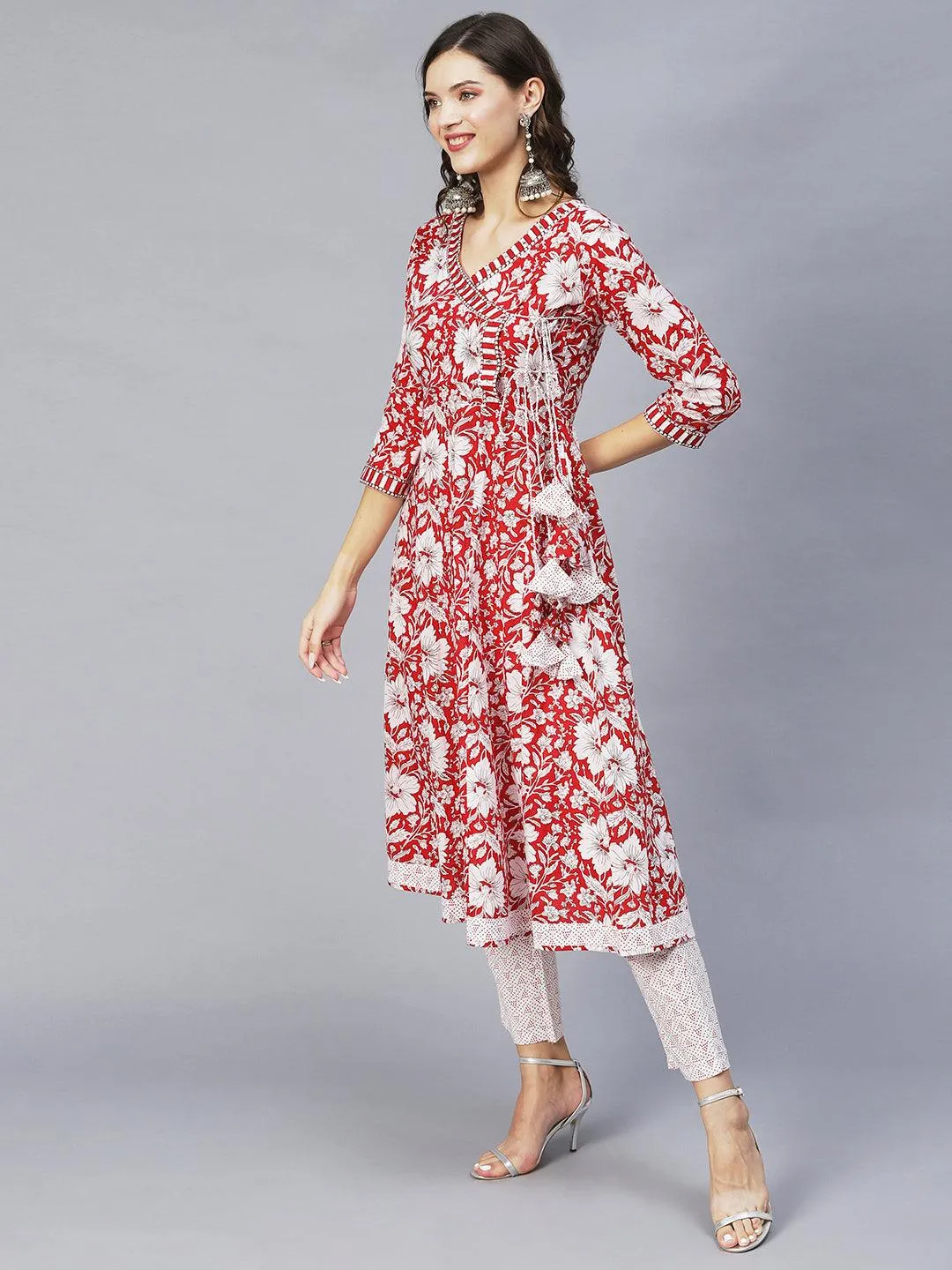 Floral Printed & Embroidered Anarkali Kurta with Pants & Dupatta - Red