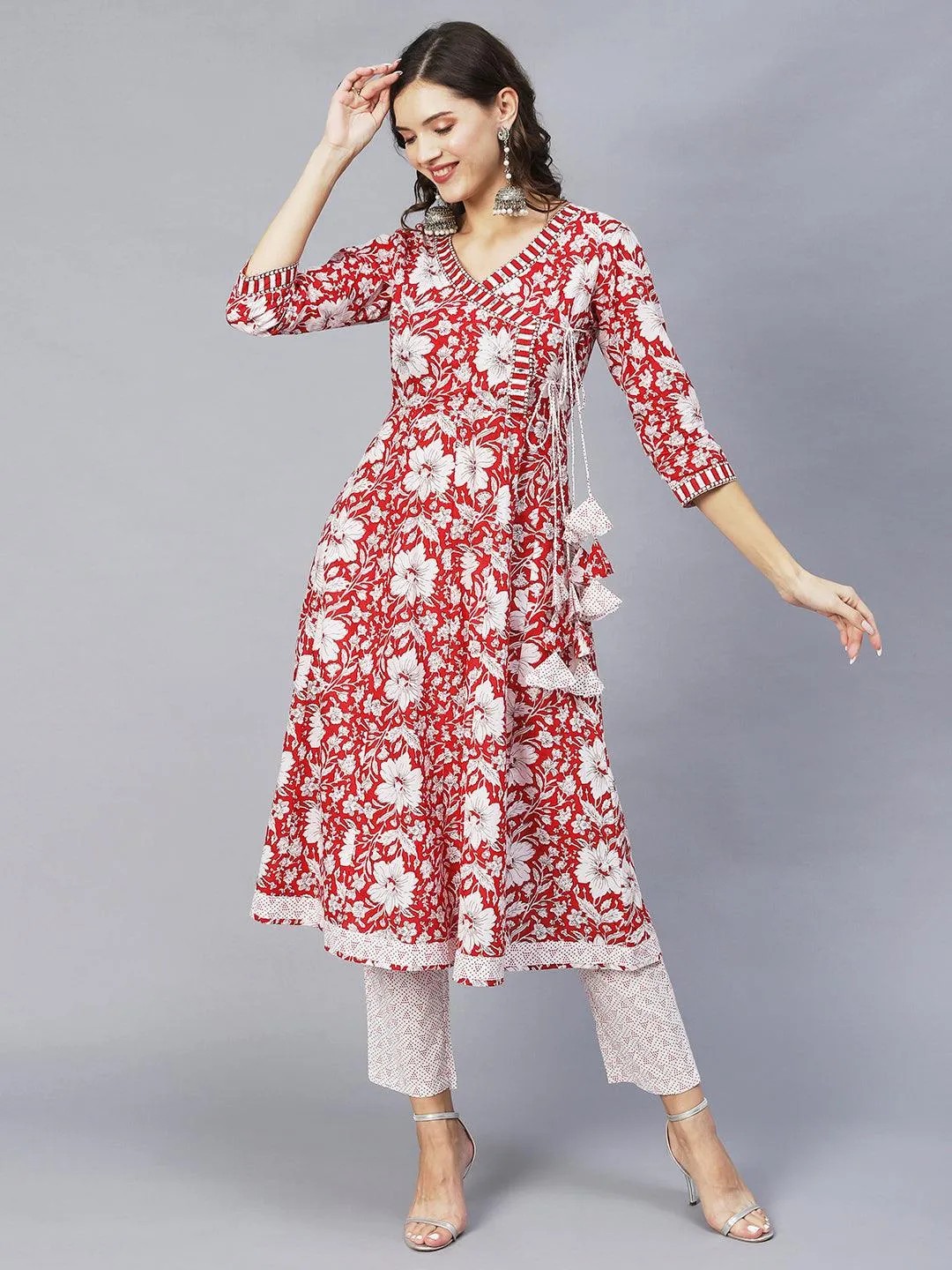 Floral Printed & Embroidered Anarkali Kurta with Pants & Dupatta - Red