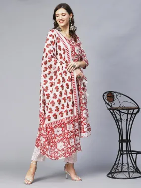 Floral Printed & Embroidered Anarkali Kurta with Pants & Dupatta - Red