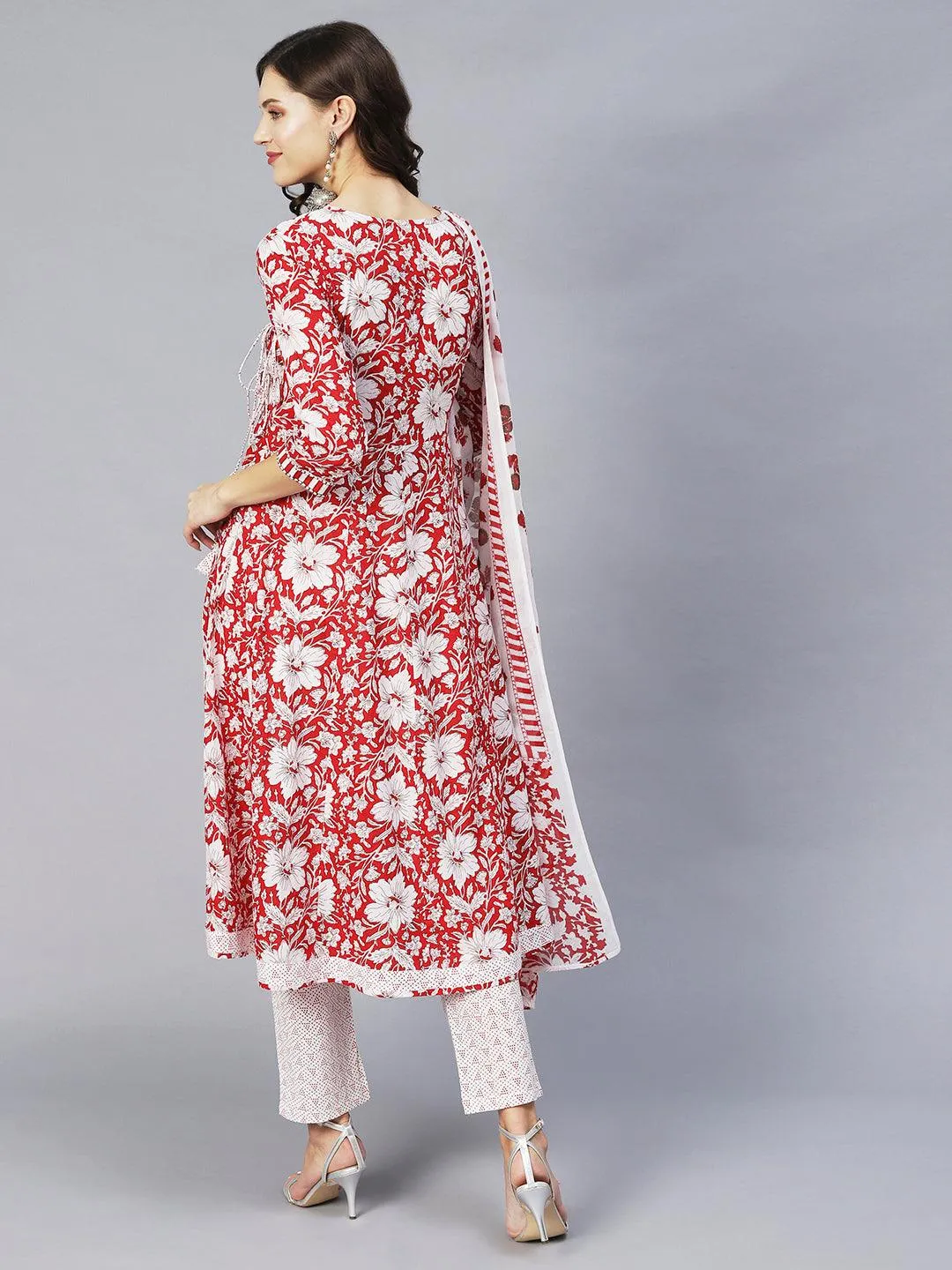 Floral Printed & Embroidered Anarkali Kurta with Pants & Dupatta - Red