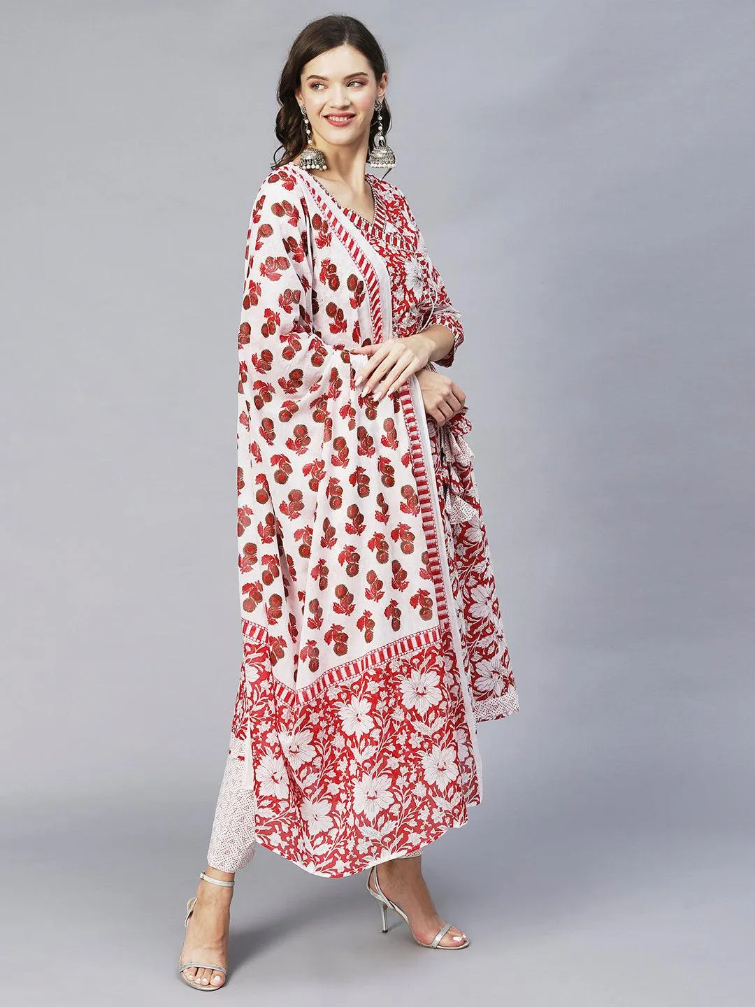 Floral Printed & Embroidered Anarkali Kurta with Pants & Dupatta - Red