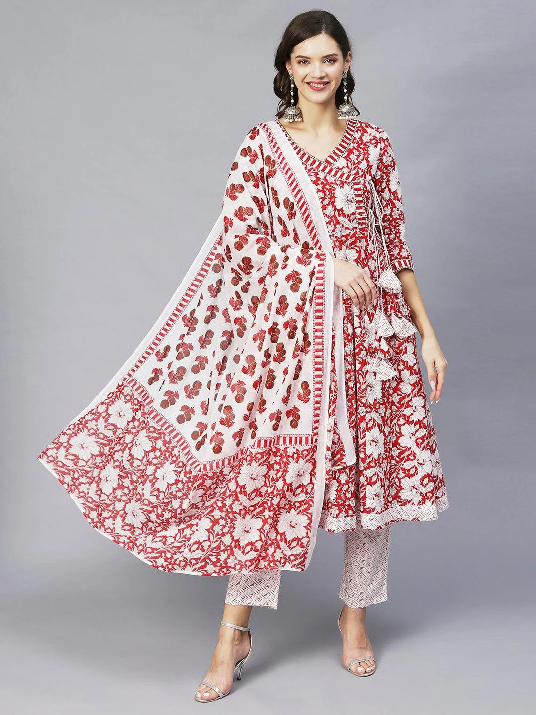 Floral Printed & Embroidered Anarkali Kurta with Pants & Dupatta - Red