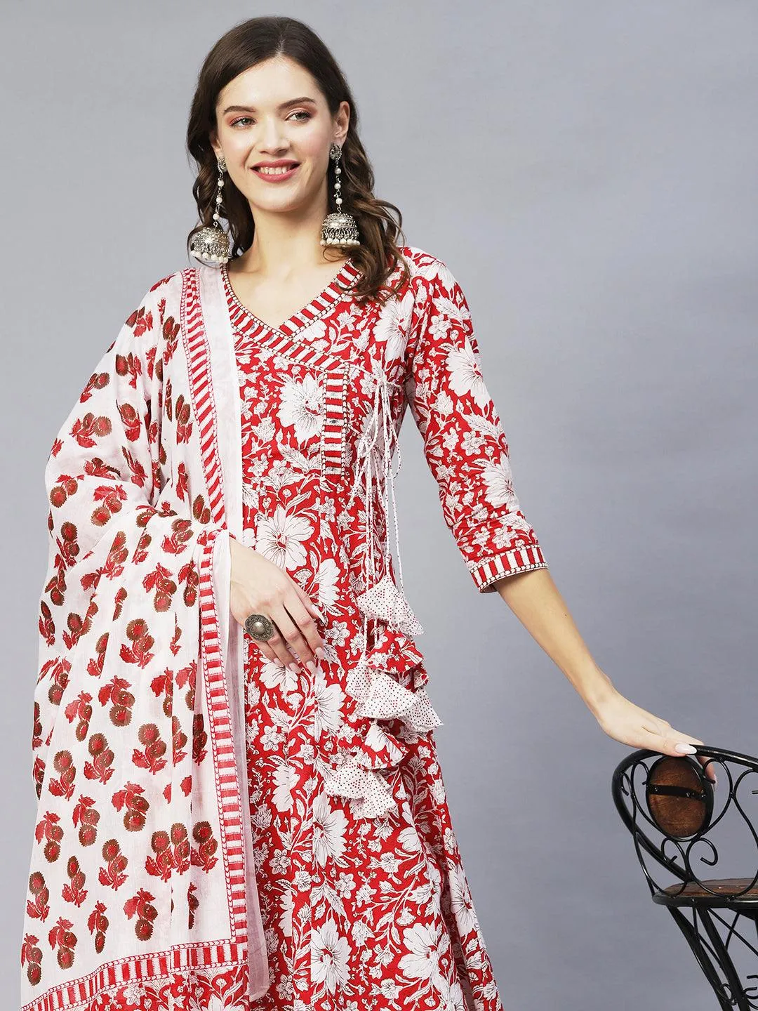 Floral Printed & Embroidered Anarkali Kurta with Pants & Dupatta - Red