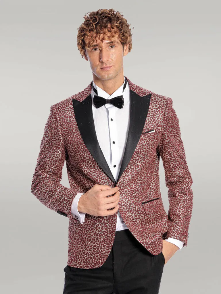 Flower Embroidered Pattern Burgundy Men Tuxedo Blazer - Wessi