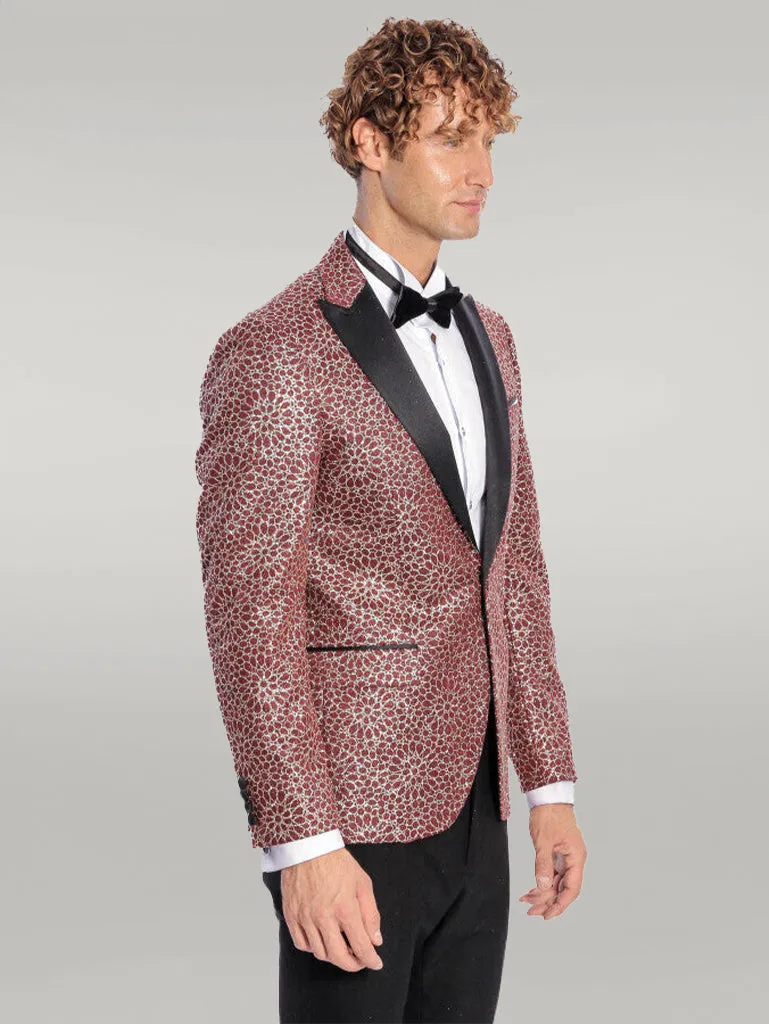 Flower Embroidered Pattern Burgundy Men Tuxedo Blazer - Wessi