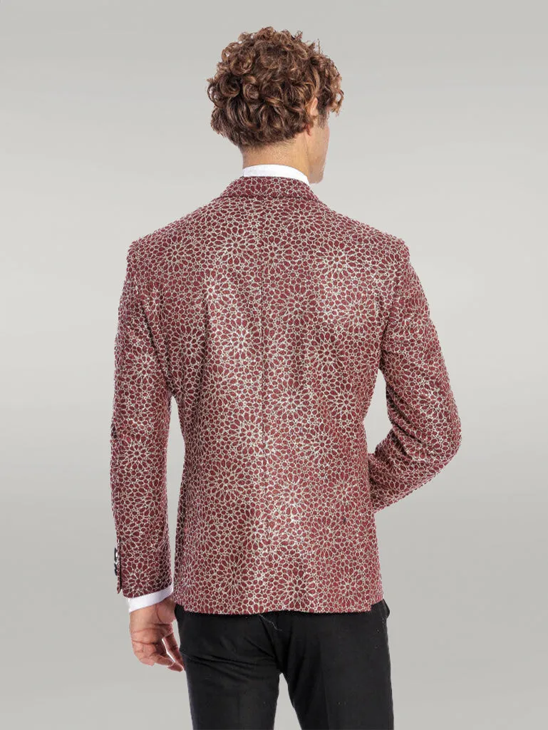 Flower Embroidered Pattern Burgundy Men Tuxedo Blazer - Wessi