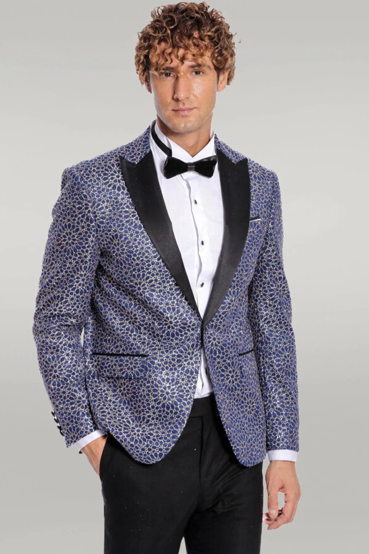 Flower Embroidered Pattern Navy Blue Men Party Blazer - Wessi