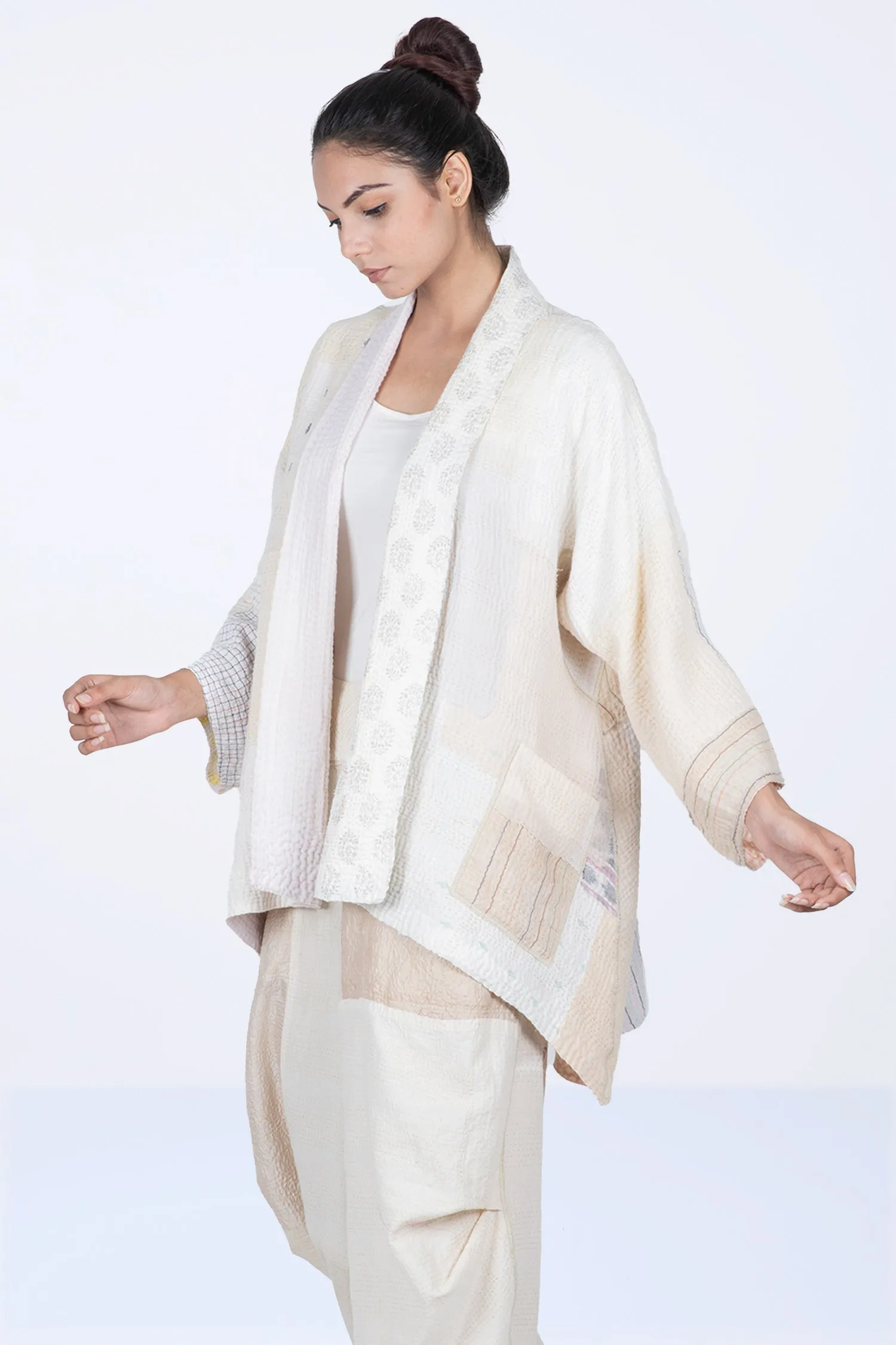 FRAYED PATCH MIX KANTHA KIMONO JKT - fm4004-ivy -