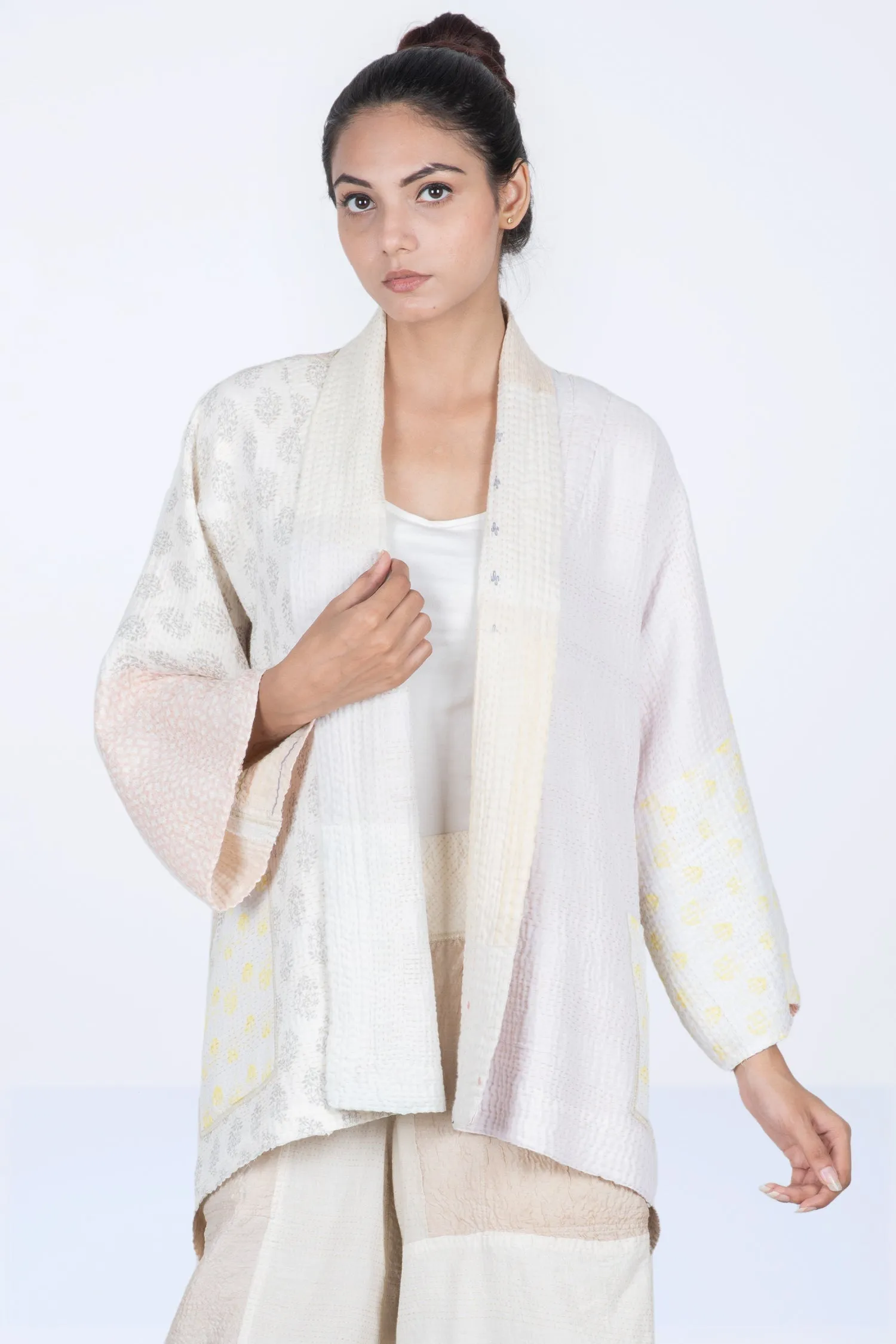 FRAYED PATCH MIX KANTHA KIMONO JKT - fm4004-ivy -