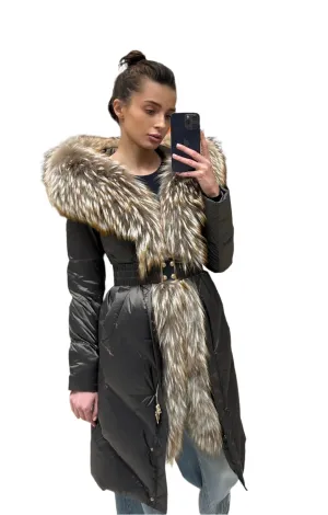 Genuine Fur Down Fill Belted Puff Parka