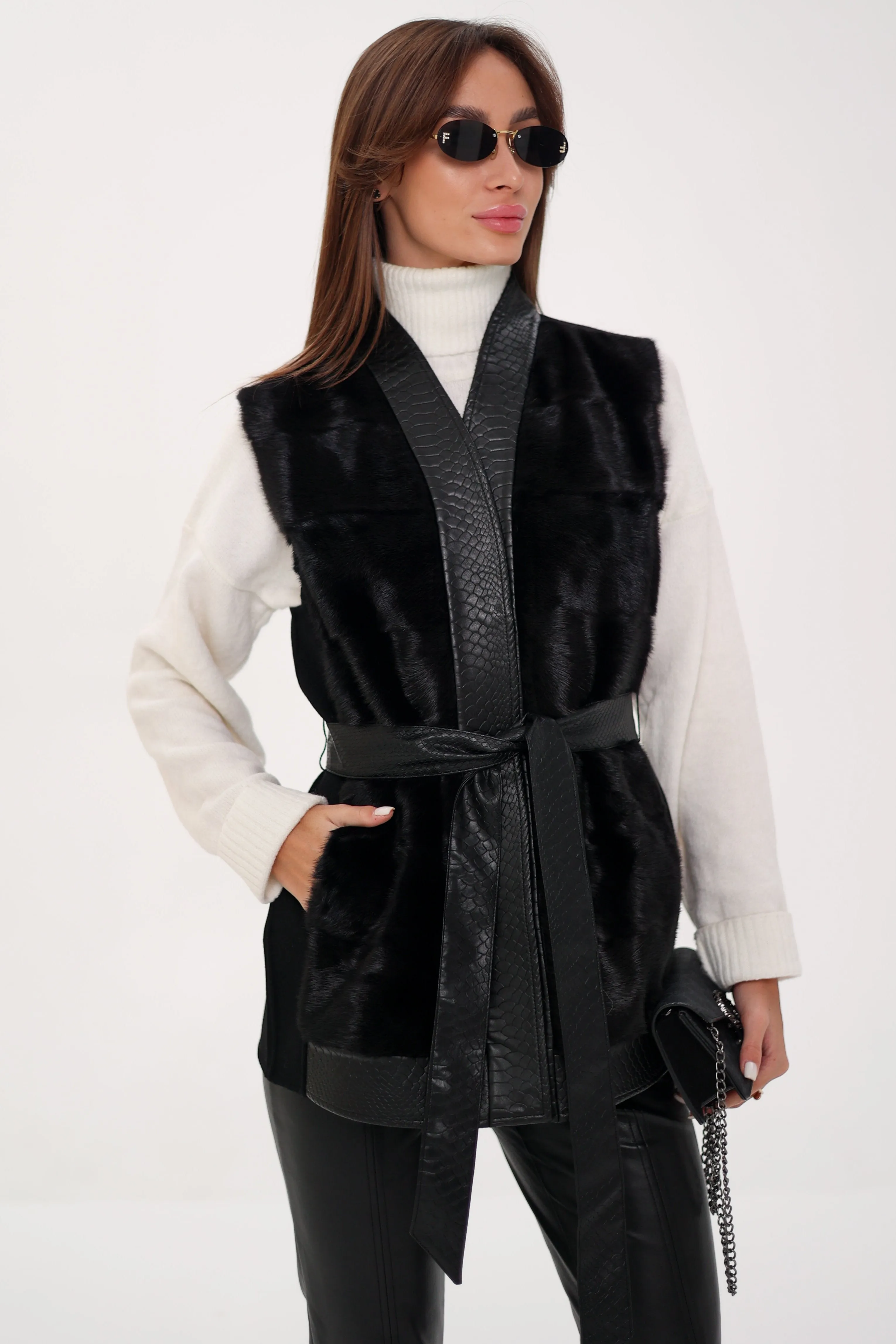 Genuine Mink Fur Leather Trim Wool Vest