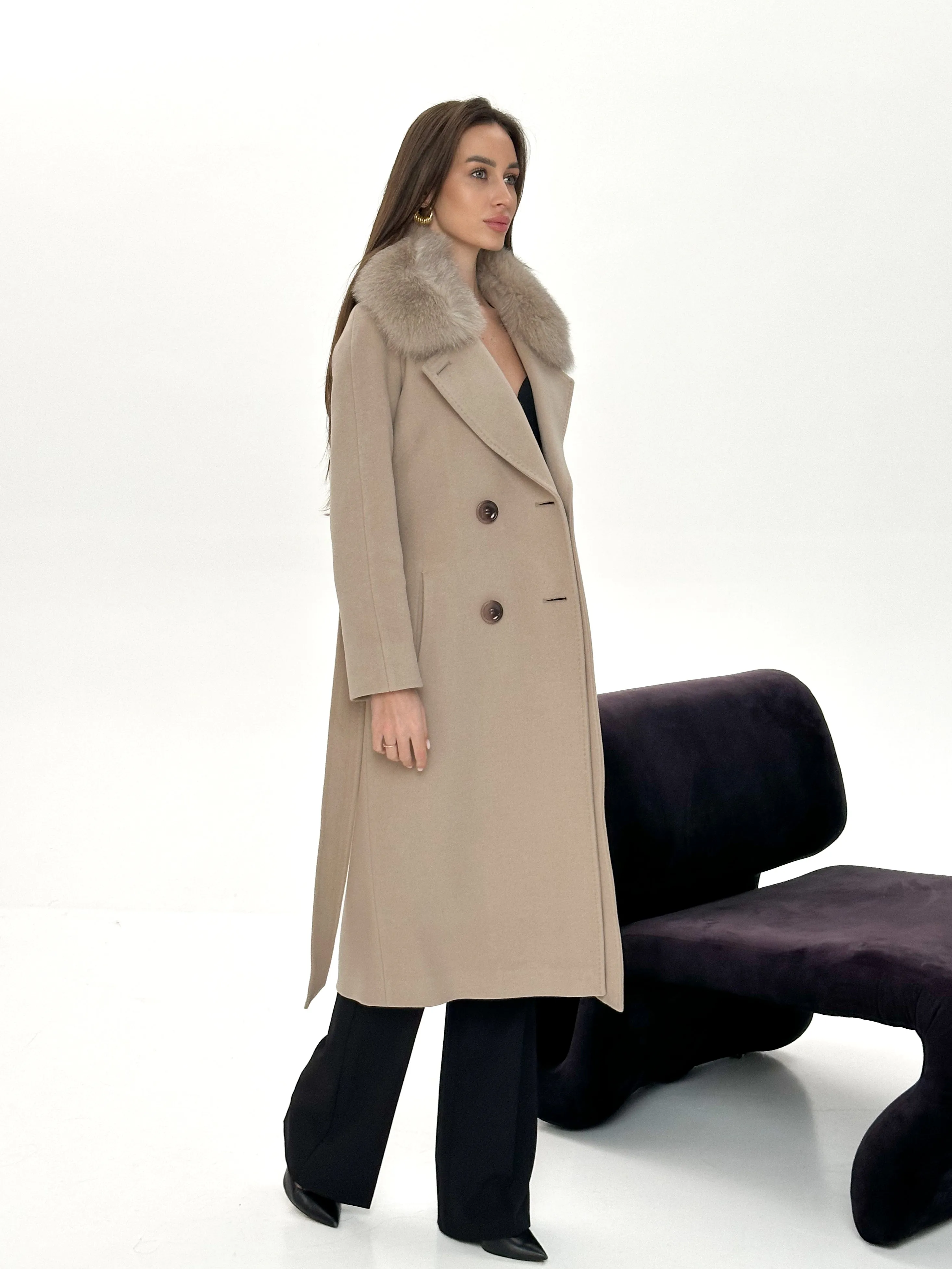 Genuine Polar Fox Cashmere Wool Back Zipp Coat