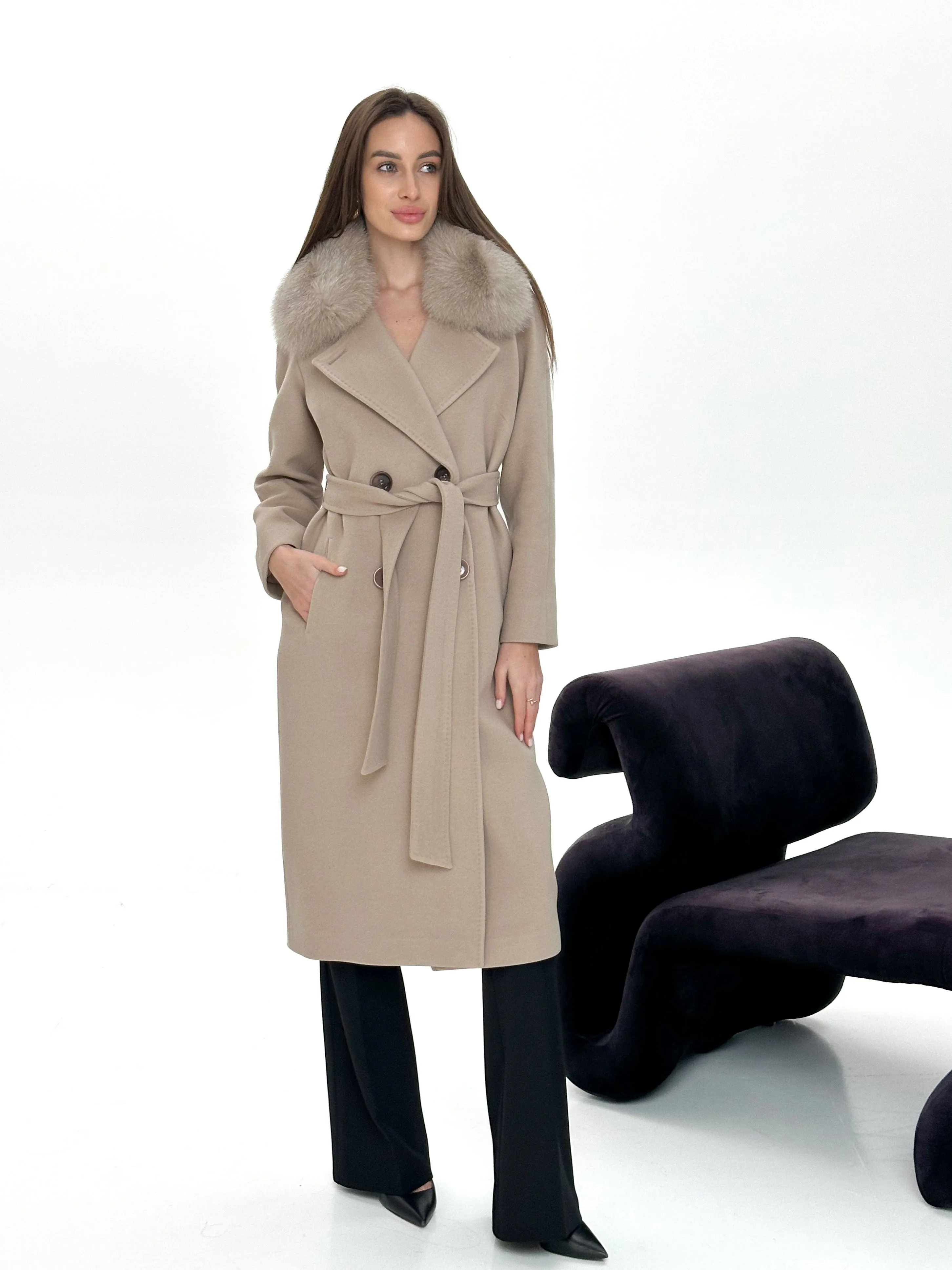 Genuine Polar Fox Cashmere Wool Back Zipp Coat