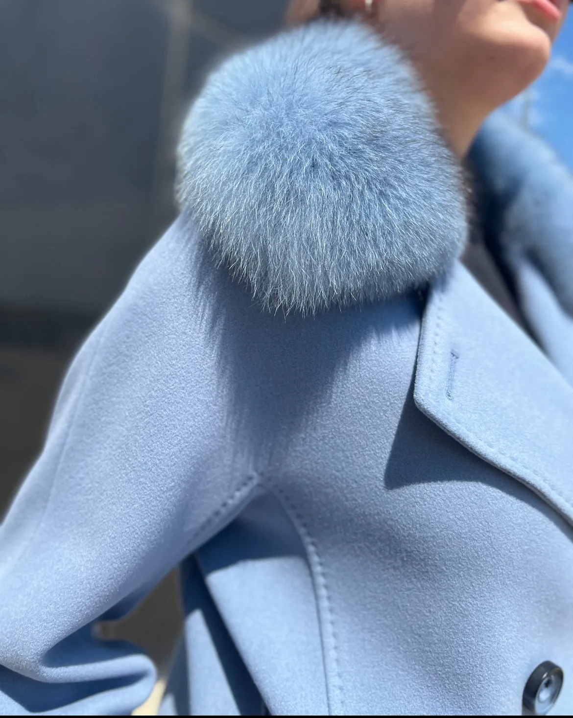 Genuine Polar Fox Collar Cashmere Wool Coat