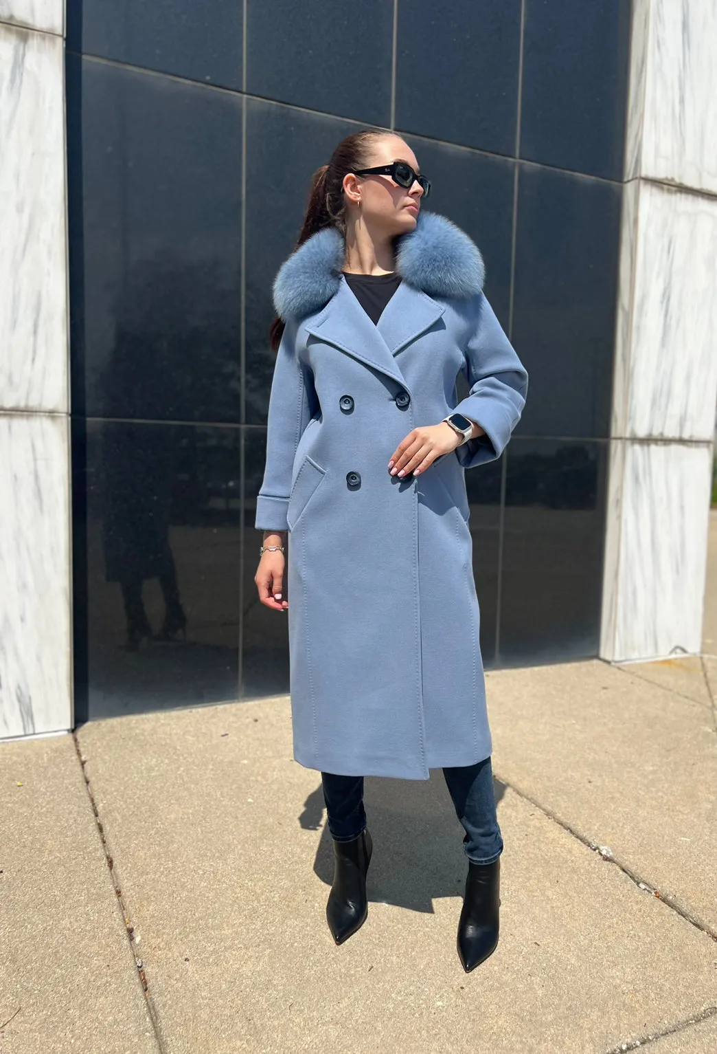 Genuine Polar Fox Collar Cashmere Wool Coat