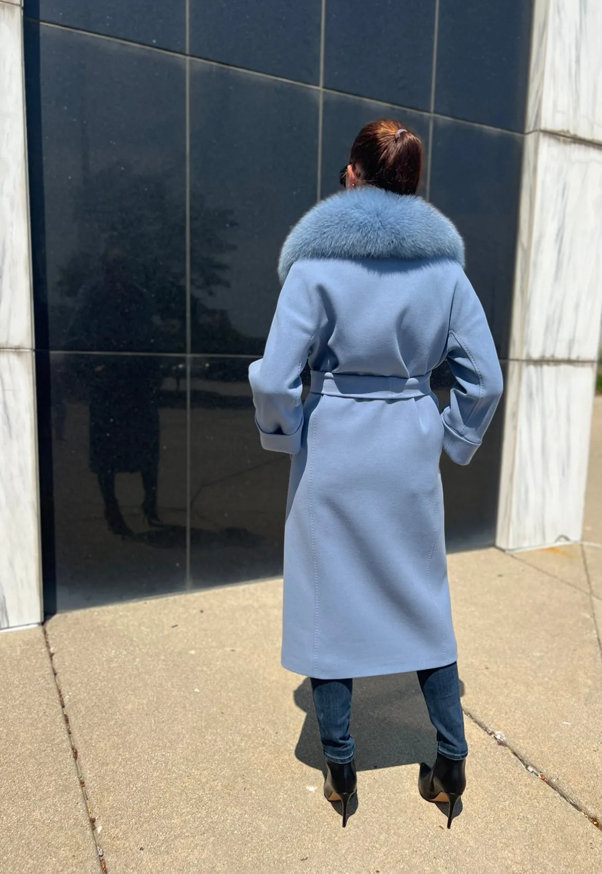 Genuine Polar Fox Collar Cashmere Wool Coat